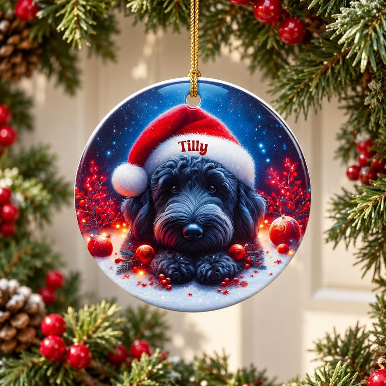 May include: A round ceramic Christmas ornament featuring a fluffy black dog wearing a red and white Santa hat. The name Tilly is printed in red on the hat brim. The background shows a snowy scene with red berries and glowing lights.