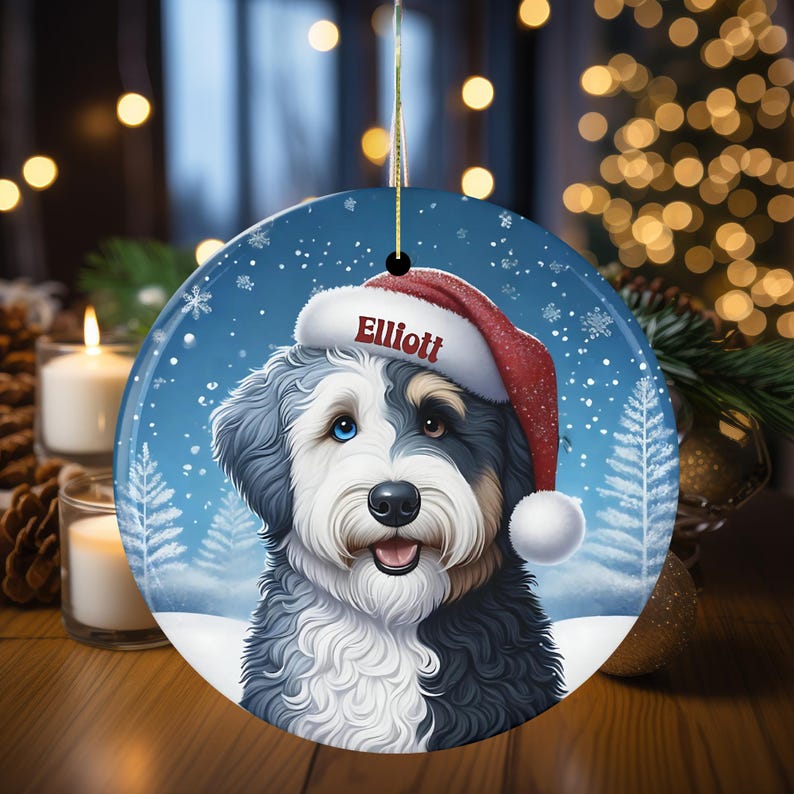 Merle Bernedoodle Ceramic Ornament, showcasing stunning blue eyes. Personalized ornament with your dogs name