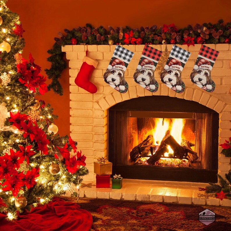 A festive Christmas stocking featuring a whimsical illustrated doodle dog wearing a red Santa hat, surrounded by holiday ornaments and greenery in a warm, detailed Christmas art style. The top of the stocking has a classic red and black buffalo-plaid cuff, and the stocking hangs from a white mantel decorated with evergreen garland and gold ornaments. The stocking design is personalized with your dog’s name, making it a charming and custom holiday décor piece for dog lovers.