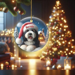 Individuell gestalteter Hunde-Ornament Bernedoodle, Weihnachtsmannmütze, festliches Erinnerungsstück (beidseitiger Sublimationsdruck, Keramik) Bild 17