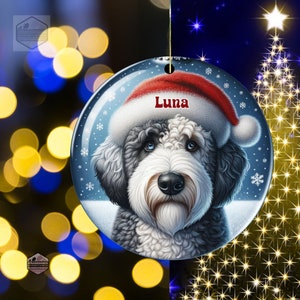 Sheepadoodle Ceramic Ornament, showcasing stunning blue eyes. Personalized ornament with your dogs name