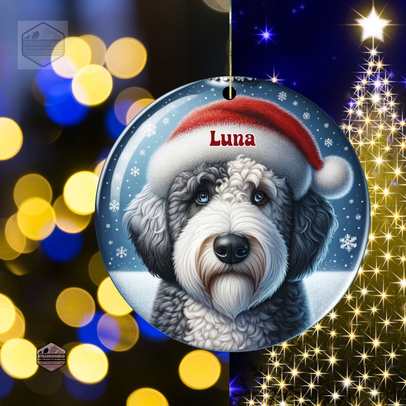 Sheepadoodle Ceramic Ornament, showcasing stunning blue eyes. Personalized ornament with your dogs name