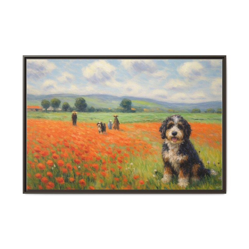 Bernedoodle Classic in un campo di papaveri - Tela incorniciata immagine 9