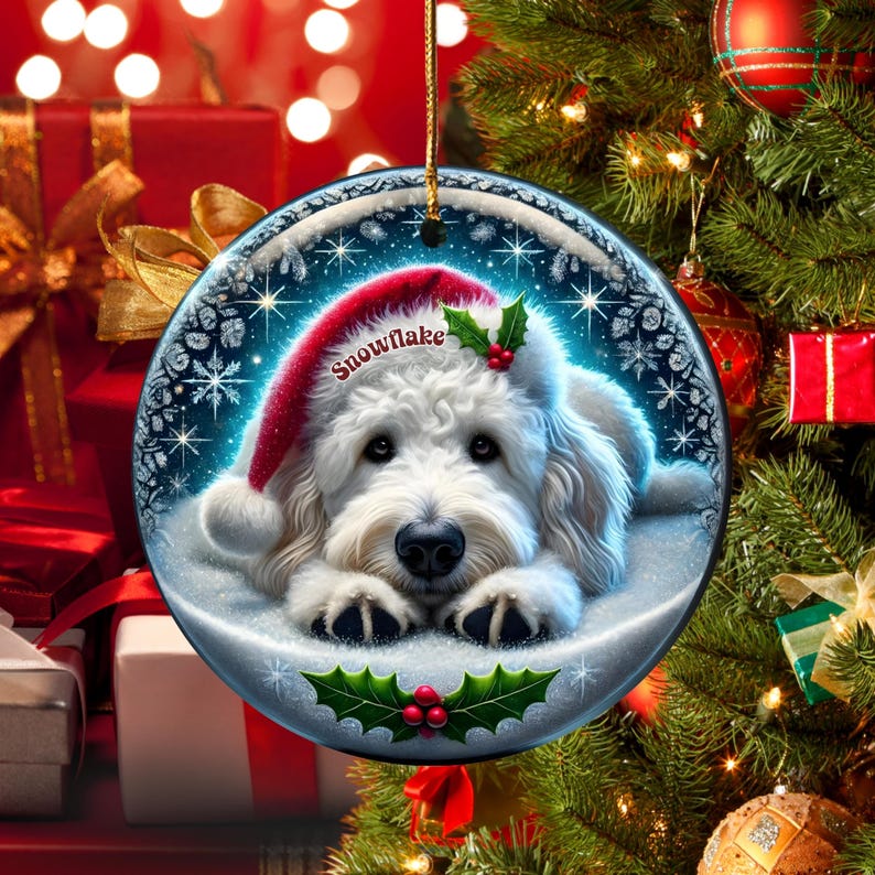 May include: A round Christmas ornament featuring a white dog wearing a Santa hat with the word "Snowflake". The ornament has a snowy background with holly leaves and berries at the bottom. A gold string is attached for hanging.