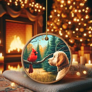 Ornamento de cerâmica com cardeal e cachorro Goldendoodle, estilo pintura a óleo. imagem 17
