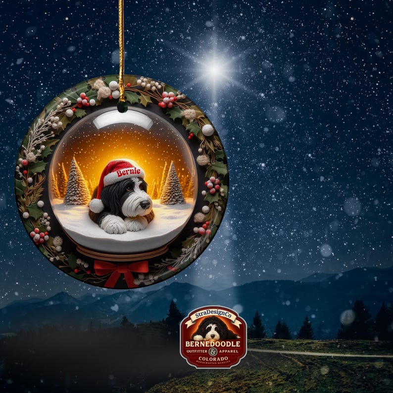 May include: A round Christmas ornament featuring a Bernedoodle dog wearing a Santa hat inside a snow globe. The ornament is decorated with holly and berries. The text "Bernie" is on the hat. The background is a snowy landscape.
