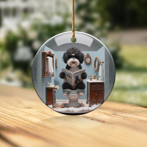 Funny Dog Toilet Ornament, Bathroom Humor Decor - Ceramic Sublimation Print, Doodle Art Gift, Holiday Tree Decoration, Pet Keepsake image 3