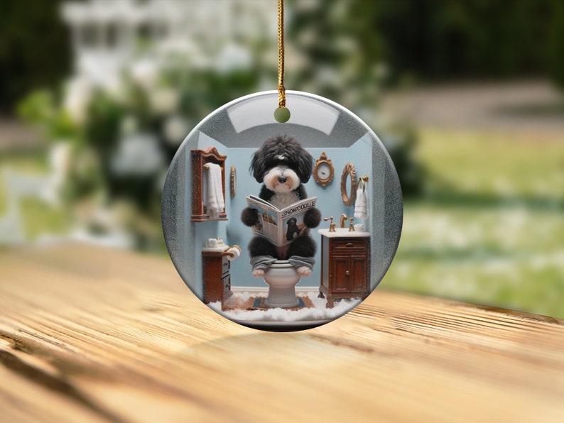 Funny Dog Toilet Ornament, Bathroom Humor Decor - Ceramic Sublimation Print, Doodle Art Gift, Holiday Tree Decoration, Pet Keepsake image 3