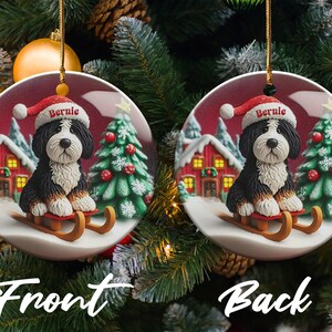 Custom Dog Ornament, Bernedoodle Sledding Keepsake | Sublimation Ceramic | 3 Inch Festive Decor, Santa Hat Doodle Gift image 3