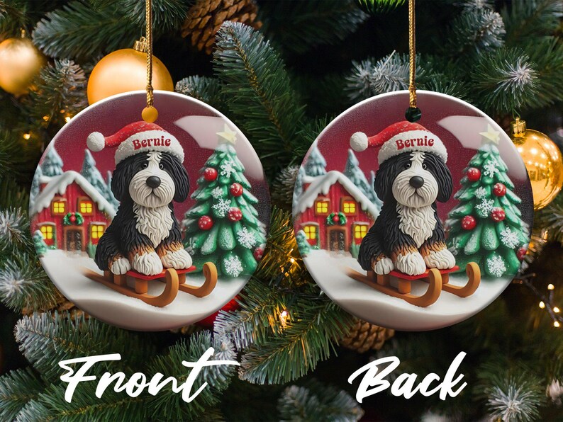Custom Dog Ornament, Bernedoodle Sledding Keepsake | Sublimation Ceramic | 3 Inch Festive Decor, Santa Hat Doodle Gift image 3