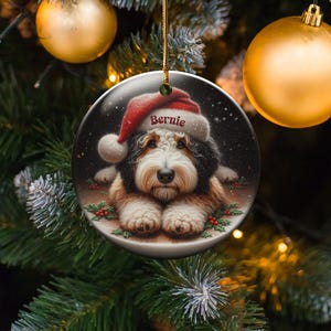 Dog Ornament Santa, Ceramic Bernedoodle Keepsake | Glossy Sublimation - 3 Inch Festive Pet Decoration | Gold String Hanger image 8