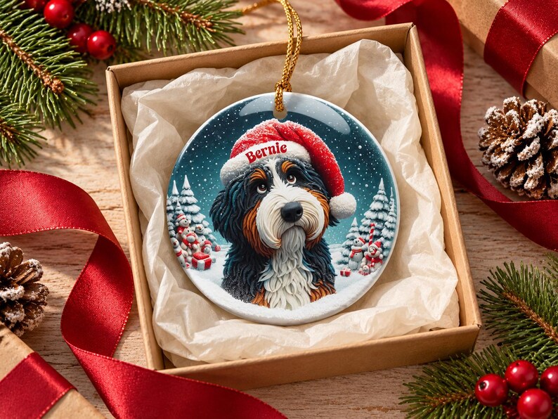 May include: A round ceramic Christmas ornament featuring a Bernese Mountain Dog wearing a red Santa hat with the name Bernie printed on the brim. The dog is set against a snowy winter landscape with pine trees and snowmen in the background.