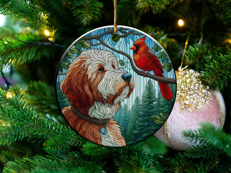Cardinal and Bernedoodle Dog Ceramic Ornament, Oil Paint Style Design, Cardinal Lovers Gift, Mothers Day, Bird Lovers, Custom Crafted Design