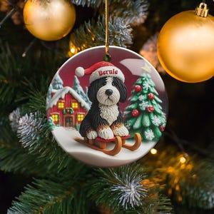 Custom Dog Ornament, Bernedoodle Sledding Keepsake | Sublimation Ceramic | 3 Inch Festive Decor, Santa Hat Doodle Gift image 10