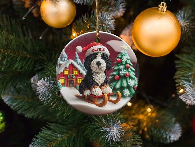 Custom Dog Ornament, Bernedoodle Sledding Keepsake | Sublimation Ceramic | 3 Inch Festive Decor, Santa Hat Doodle Gift image 10
