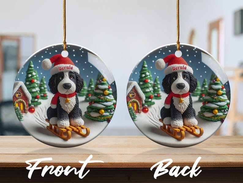 Bernedoodle Ornament, Festive Dog Sled - Snow Globe Style (3 Inch Ceramic, Sublimation) immagine 7