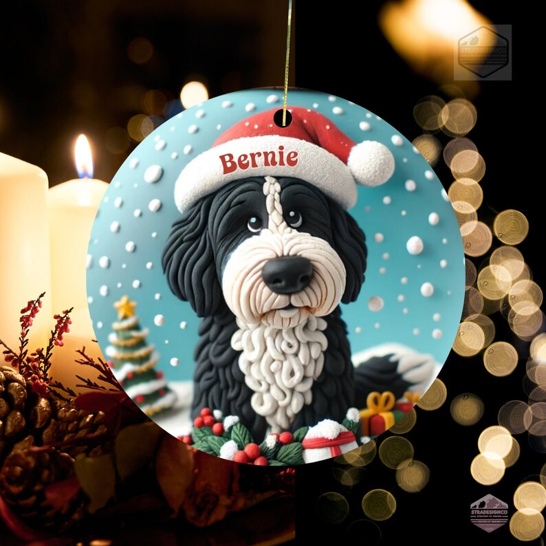 Cute clay style bernedoodle looking worried that Santa isnt coming.  Personalized bernedoodle ornament.