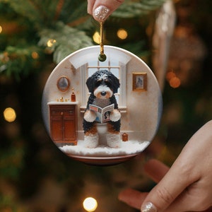 Funny Doodle Dog Toilet Scene Ceramic Ornament, Dog Bathroom Art, Pup Restroom Gifts, Bernedoodle reading a Magazine, Trendy Dog Person Gift