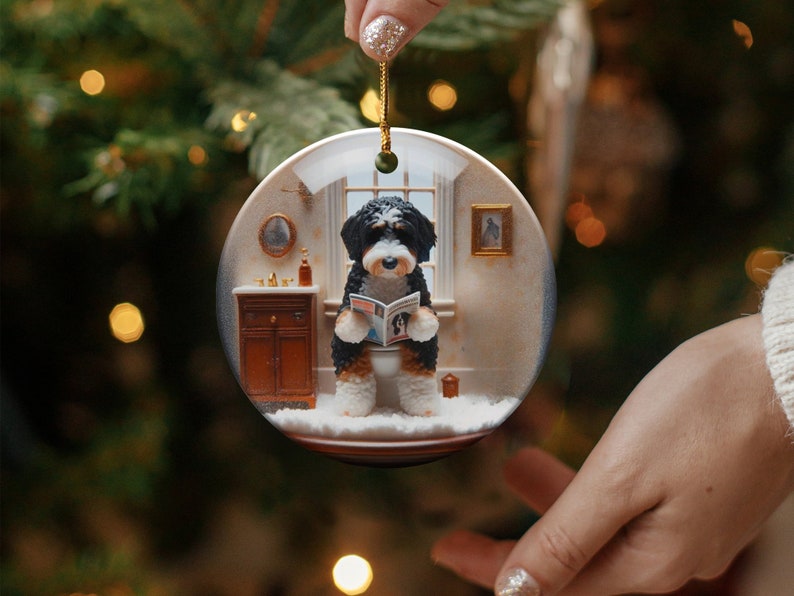 Funny Doodle Dog Toilet Scene Ceramic Ornament, Dog Bathroom Art, Pup Restroom Gifts, Bernedoodle reading a Magazine, Trendy Dog Person Gift
