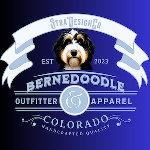 May include: A logo design featuring a Bernedoodle dog illustration. The design includes the text "Stra Design Co," "EST 2023," "Bernedoodle Outfitter & Apparel," and "Colorado Handcrafted Quality" on a blue gradient background.