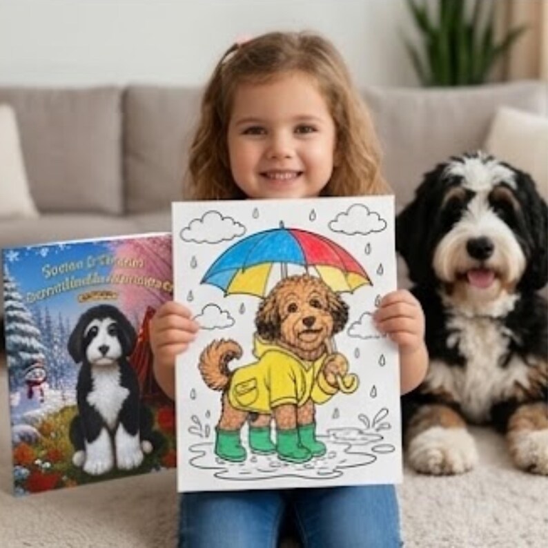 K&ouml;nnte beinhalten: Eine rechteckige Malbuchseite mit einem braunen Hund, der einen gelben Regenmantel und gr&uuml;ne Stiefel tr&auml;gt und einen bunten Regenschirm unter Regenwolken h&auml;lt. Die Illustration ist mit kr&auml;ftigen schwarzen Linien auf wei&szlig;em Grund.