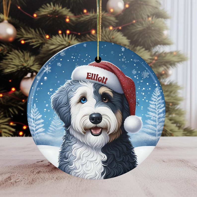 Merle Bernedoodle Ceramic Ornament, showcasing stunning blue eyes. Personalized ornament with your dogs name