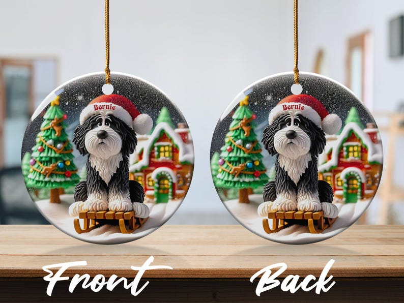 Bernedoodle Ornament, Sledding Ceramic | Claymation Style Artwork | 3 Inch Sublimation Gift image 5