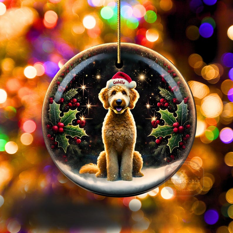 May include: A round Christmas ornament featuring a golden doodle dog wearing a Santa hat with the name "Goldie". The ornament has a festive design with holly, berries, and a snowy base. A gold string is attached for hanging.