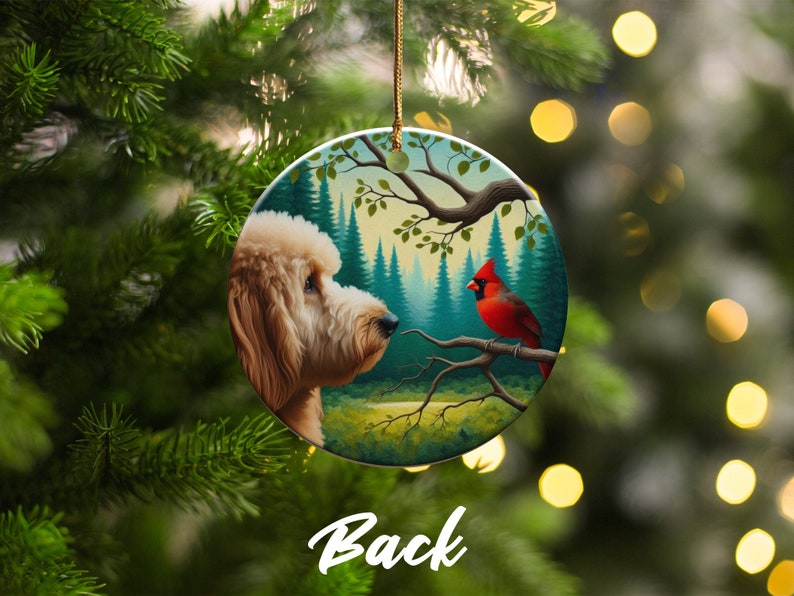 Adorno de cerámica de cardenal y goldendoodle, diseño estilo pintura al óleo, regalo para amantes de los cardenales, Día de la Madre, amante de las aves, regalo de cardenal rojo y perro. imagen 9