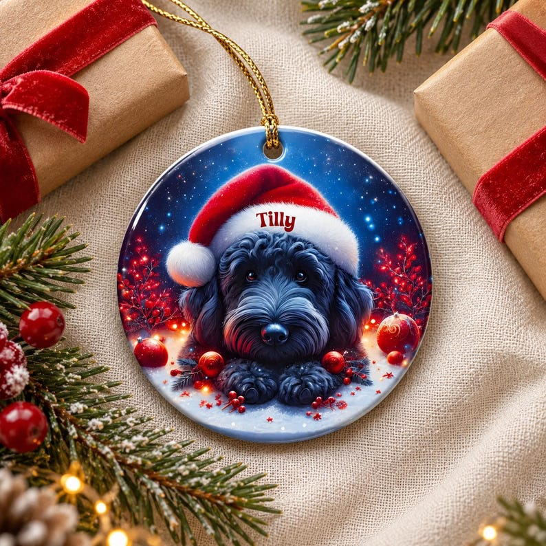 May include: A round ceramic Christmas ornament featuring a black dog wearing a red and white Santa hat with the name Tilly printed on the brim. The background shows a snowy scene with red berries and glowing red ornaments under a starry sky.