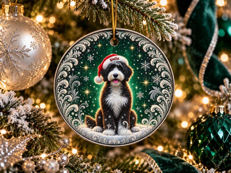 May include: A round ceramic Christmas ornament featuring a black and white Bernedoodle dog wearing a red Santa hat with the name Stella printed on the brim. The dog sits against a dark green background with white snowflakes and silver filigree.