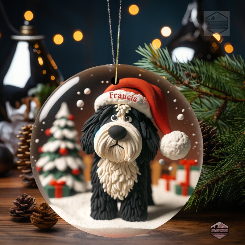 Cute Bernedoodle Ornament featuring a clay style ornament peering at the magic of Christmas.  Personalized Ornament and great gift for any doodle mom or doodle dad.