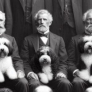 May include: A vintage black and white photograph featuring three men in suits, each holding a dog. The dogs have black and white fur. The men have white beards and are seated. The image has a classic, historical feel.