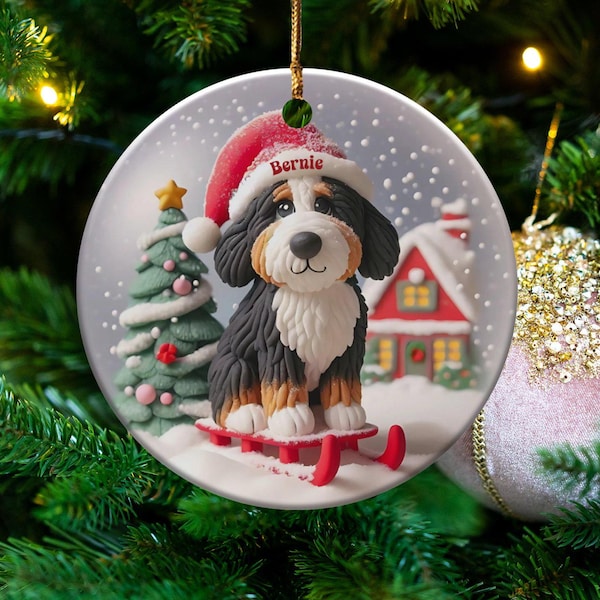 Bernedoodle Ornament, Snow Globe Style Sledding Design | Sublimation Ceramic | 3-Inch Glossy Keepsake, Double Sided Holiday Decor
