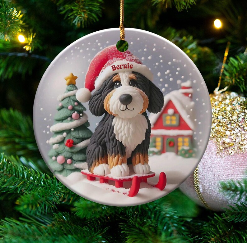 Bernedoodle-ornament, sneeuwbol-stijl met slee-ontwerp | Sublimatiekeramiek | 7,6 cm glanzend aandenken, dubbelzijdige kerstdecoratie afbeelding 1