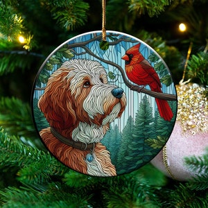 Cardinal and Bernedoodle Dog Ceramic Ornament, Oil Paint Style Design, Cardinal Lovers Gift, Mothers Day, Bird Lovers, Custom Crafted Design