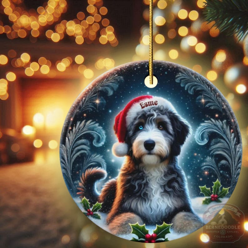 Merle Bernedoodle, Personalized Santa Hat Ornament | Sublimation Ceramic | Custom Dog Lover Gift image 13