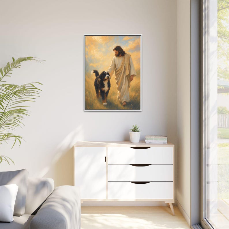 Jesus With Bernedoodle Framed Canvas image 10