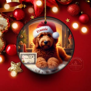 Pu&ograve; includere: Ornamento natalizio rotondo con un cane marrone con un cappello da Babbo Natale con il nome "Frannie". Lo sfondo mostra una scena di camino e un certificato "Good Dog". L'ornamento &egrave; circondato da decorazioni natalizie rosse.