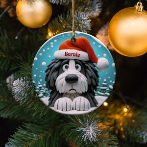 Bernedoodle Dog Art Christmas Ornament, Double Sided Keepsake | Sublimation Ceramic | Holiday Tree Decor, Gold String Hanging image 3