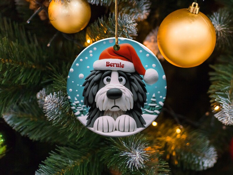 Bernedoodle Dog Art Christmas Ornament, Double Sided Keepsake | Sublimation Ceramic | Holiday Tree Decor, Gold String Hanging image 3