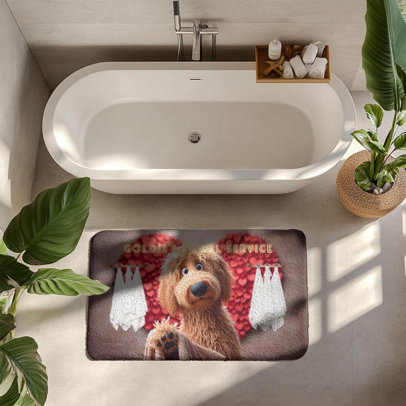 A cute golden doodle stands in front of a fluffy red heart backdrop, holding a brown towel on a cozy bath mat. White towels hang on either side, creating a spa-like feel. The text “Goldie’s Towel Service” sits above the doodle. Perfect for dog lovers, bathroom décor, and pet-themed home accents.