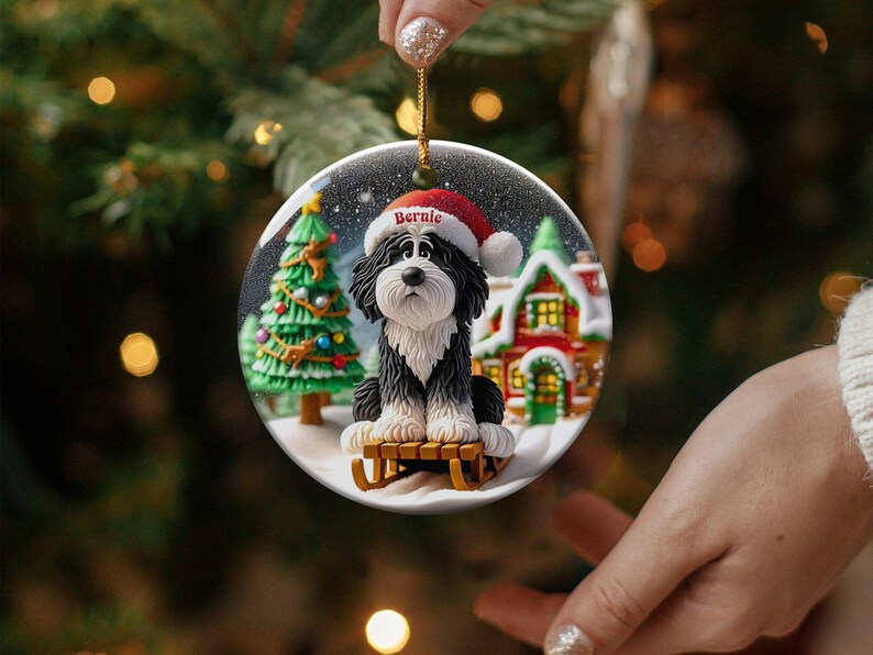 Bernedoodle Ornament, Sledding Ceramic | Claymation Style Artwork | 3 Inch Sublimation Gift image 8