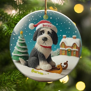 Festive Dog On, Bernedoodle Sledding Ornament | Ceramic Sublimation | 3 Inch Snow Globe Style Bild 1
