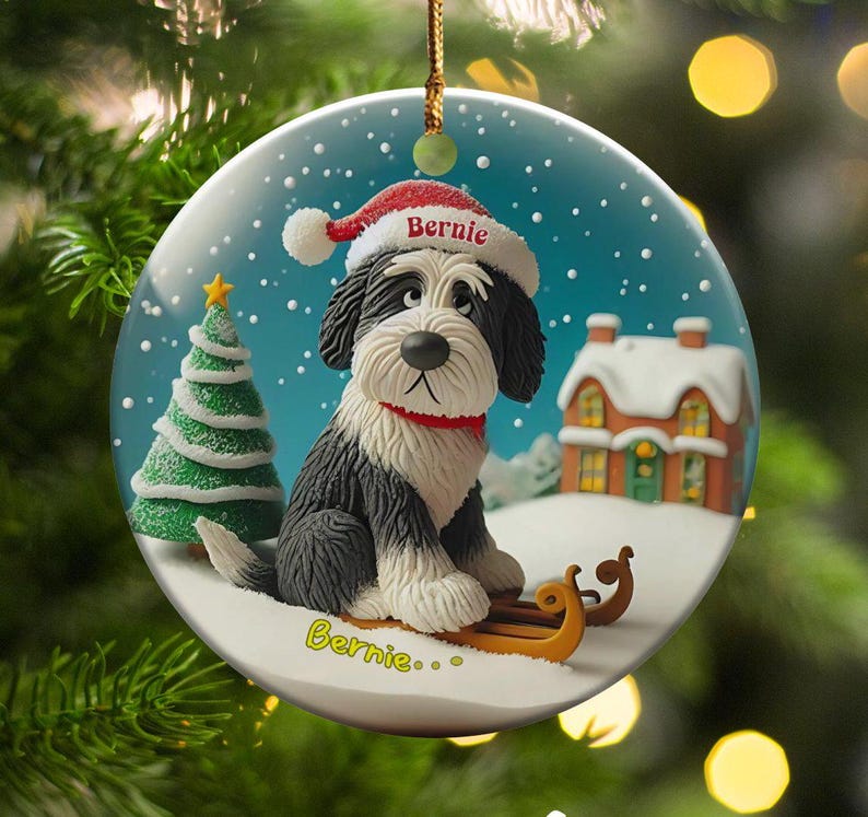Festive Dog On, Bernedoodle Sledding Ornament | Ceramic Sublimation | 3 Inch Snow Globe Style Bild 1
