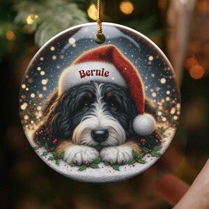 Custom Pet Ornament - Bernedoodle Santa Hat Pup, Two Sided Sublimation (3 Inch Round, Ceramic Keepsake) image 1