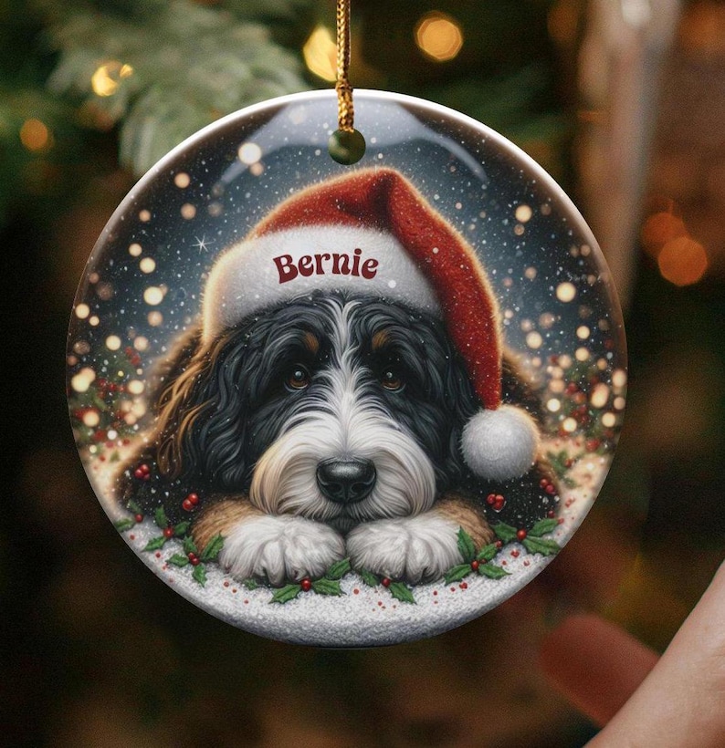 Custom Pet Ornament - Bernedoodle Santa Hat Pup, Two Sided Sublimation (3 Inch Round, Ceramic Keepsake) image 1