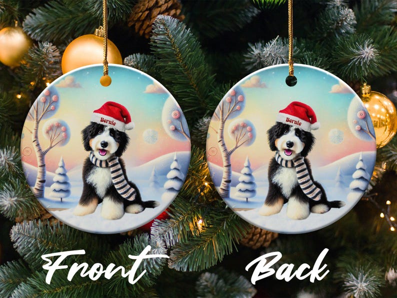 Bernedoodle Ornament, Personalized Ceramic Keepsake | Sublimation Christmas Tree Charm | Dog Lover Gift Gold String imagen 4