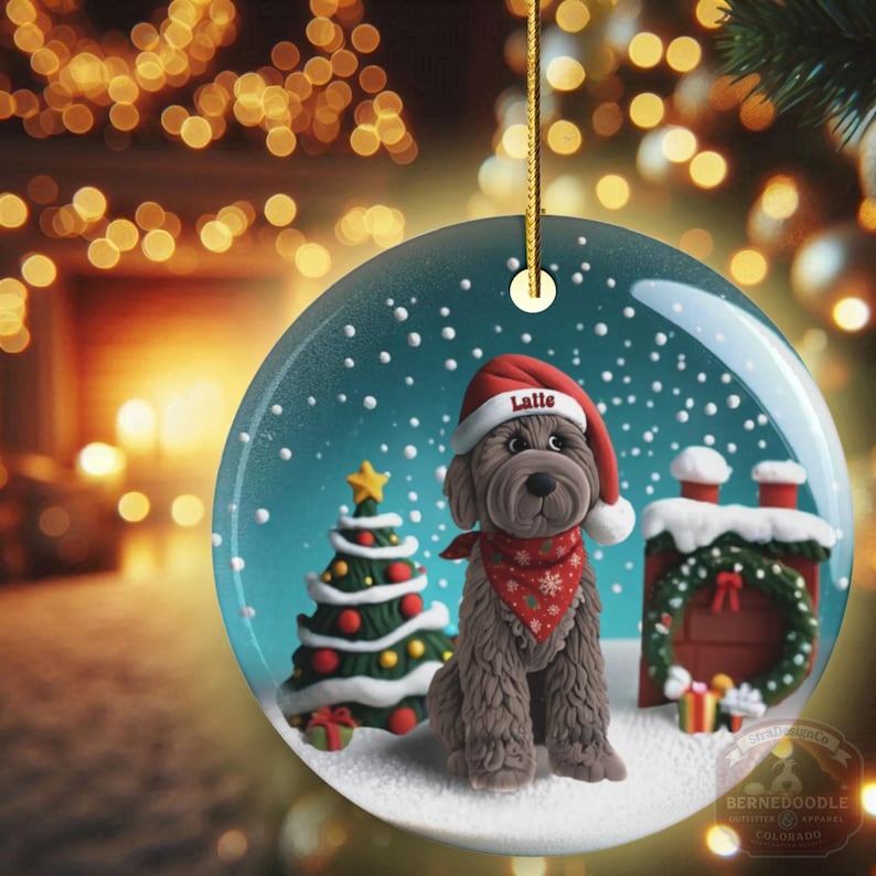 May include: A round Christmas ornament featuring a brown dog wearing a Santa hat with the name "Latte" on it and a red bandana. The ornament has a Christmas tree, a fireplace, and snow. The background is blurred with Christmas lights.