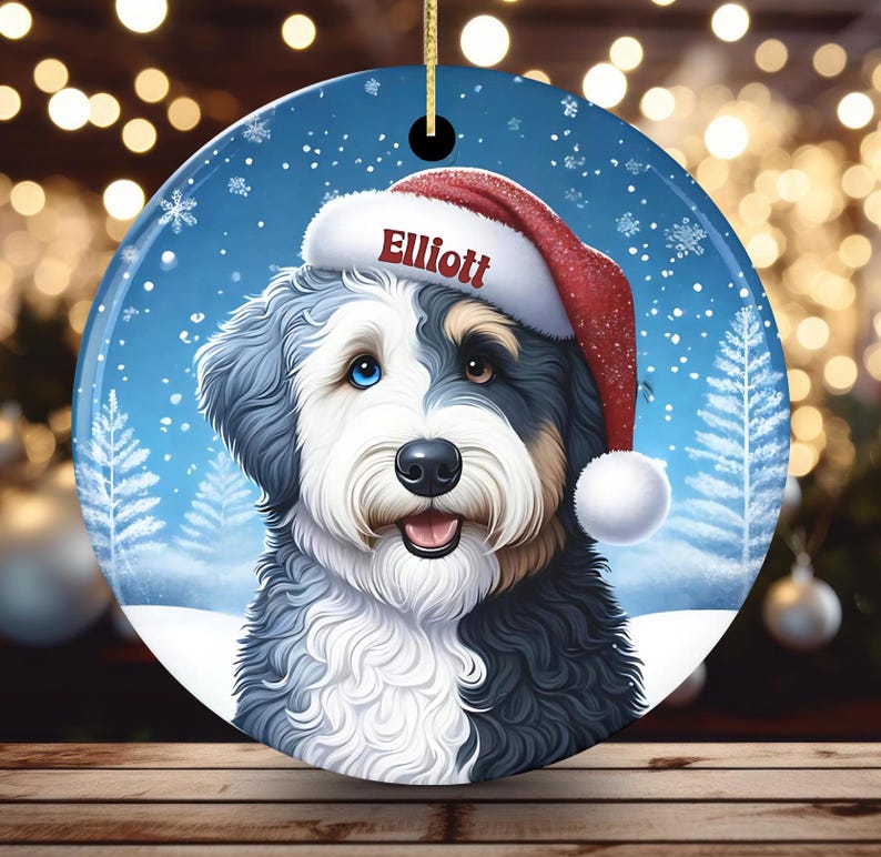 Merle Bernedoodle Ceramic Ornament, showcasing stunning blue eyes. Personalized ornament with your dogs name